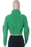 Green Casual Solid Bandage Hollowed Out Patchwork Turtleneck Tops