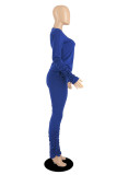 Blue Casual Solid Fold O Neck Long Sleeve Two Pieces