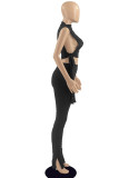 Black Sexy Solid Bandage Patchwork Half A Turtleneck Sleeveless Two Pieces