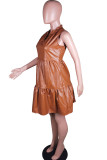 Brown Casual Solid Patchwork V Neck A Line Dresses