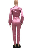 Pink Sexy Solid Bandage Patchwork Turndown Collar Long Sleeve Two Pieces