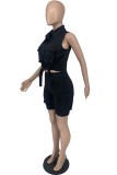Black Casual Solid Patchwork Turndown Collar Sleeveless Two Pieces