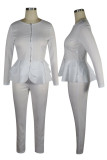 White Casual Solid Patchwork Flounce Zipper Collar Long Sleeve Two Pieces