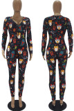 Multi-color Sexy Party Patchwork Print Santa Claus V Neck Skinny Jumpsuits