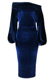 Dark Blue Fashion Sexy Solid backless One word collar Step Skirt Dresses