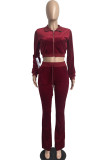 Rose Red Casual Solid Patchwork Zipper Collar Long Sleeve Two Pieces