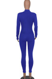Blue Casual Sportswear Solid Patchwork Zipper Collar Regular Jumpsuits