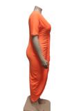 Tangerine Red Casual Solid Patchwork Asymmetrical V Neck Irregular Dress Plus Size Dresses