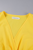 Gele casual effen Frenulum geplooide V-hals jurken met lange mouwen