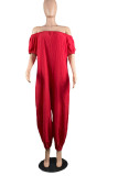 Tangerine Red Casual Solid Patchwork Off the Shoulder Loose Jumpsuits