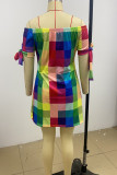 Colour Fashion Casual Print Bandage Off the Shoulder Short Sleeve Dress Dresses