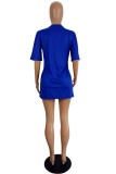 Blue Casual Print Basic O Neck Short Sleeve Dress