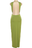 Verde Sexy Street Elegante Sólido Abertura Alta Dobrada Vestidos Saia Um Decote em V