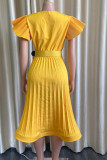 Yellow Casual Solid Patchwork Fold V Neck Straight Dresses
