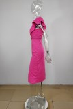 Rosarotes, lässiges, einfarbiges Kleid mit Schlitz und Gürtel, V-Ausschnitt und kurzen Ärmeln