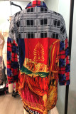 Tangerine Red Casual Print Patchwork Buckle Turndown Collar Long Sleeve Two Pieces