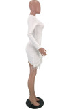 ホワイト セクシー ソリッド パッチワーク フェザー メッシュ O ネック ワンステップ スカート ドレス