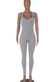 Grey Casual Sportswear Solid Patchwork Backless U Neck Skinny Jumpsuits
