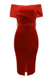 Red Casual Solid Patchwork With Belt V Neck Dresses