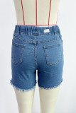 Short jeans cintura alta com estampa de rua azul escuro patchwork rasgado