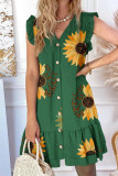 Green Casual Print Patchwork Buckle Stringy Selvedge V Neck Dresses