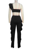 Black Sexy Solid Patchwork Flounce Asymmetrical Collar Sleeveless Two Pieces