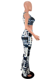 Blue Fashion adult Sexy Two Piece Suits Print Patchwork Boot Cut Sleeveless Two-piece Pants Se
