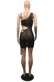 Brown Sexy Solid Bandage Hollowed Out See-through Backless Spaghetti Strap Sleeveless Dress