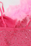 Розовое сексуальное однотонное платье в стиле пэчворк с перьями и горячим дрелью на тонких бретелях