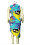 スカイブルーファッションセクシープラスサイズプリントパッチワークハーフタートルネックノースリーブドレス