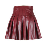 Burgundy Fashion Casual Solid Regular High Waist Pleated Skirt
