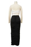 Black Sexy Patchwork Backless Fold Asymmetrical Contrast Strapless Long Dress Dresses