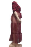 Burgundy Casual Elegant Solid Patchwork Buckle Fold Turndown Collar Cake Skirt Plus Size Dresses