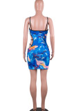 Blue Sexy Print Hollowed Out Patchwork Spaghetti Strap Pencil Skirt Dresses