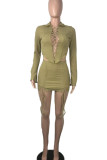 Dark Khaki Sexy Solid Bandage Hollowed Out Patchwork Asymmetrical Turndown Collar Long Sleeve Two Pieces