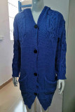 Blue Casual Solid Cardigan Hooded Collar Outerwear