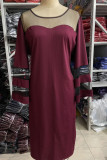 Burgundy Casual Solid Patchwork O Neck Straight Plus Size Dresses