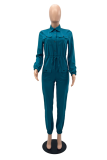 Blue Street Solid Draw String Turndown Collar Long Sleeve Two Pieces