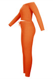 Orange Casual Solid Backless Off the Shoulder Long Sleeve Two Pieces