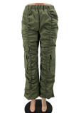 Army Green Casual Solid Patchwork Pocket Fold High Waist Straight Solid Color Bottoms