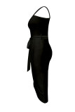 Black Sexy Solid Bandage Patchwork Asymmetrical Oblique Collar Irregular Dress Dresses