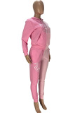 Roze Mode Casual Patchwork Geborduurde Hooded Kraag Lange Mouw Twee Stukken
