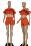 Tangerine Red Sexy Solid Patchwork Fold Off The Shoulder Short Sleeve Two Pieces