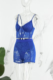 Blue Sexy Solid Patchwork See-through Backless Spaghetti Strap Sleeveless Two Pieces