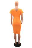 Оранжевое модное однотонное платье с V-образным вырезом и короткими рукавами