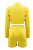 Yellow Casual Solid Patchwork Cardigan Turndown Collar Long Sleeve Two Pieces