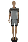 Grey Casual Print Leopard Patchwork O Neck Short Sleeve Two Pieces