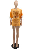 Orange Casual Solid Tassel Patchwork V Neck Half Sleeve Two Pieces