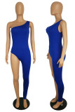 Blå Sexig Solid Patchwork Asymmetrisk Skinny Jumpsuits med sned krage