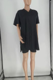 Black Casual Solid Patchwork V Neck Short Sleeve Two Pieces